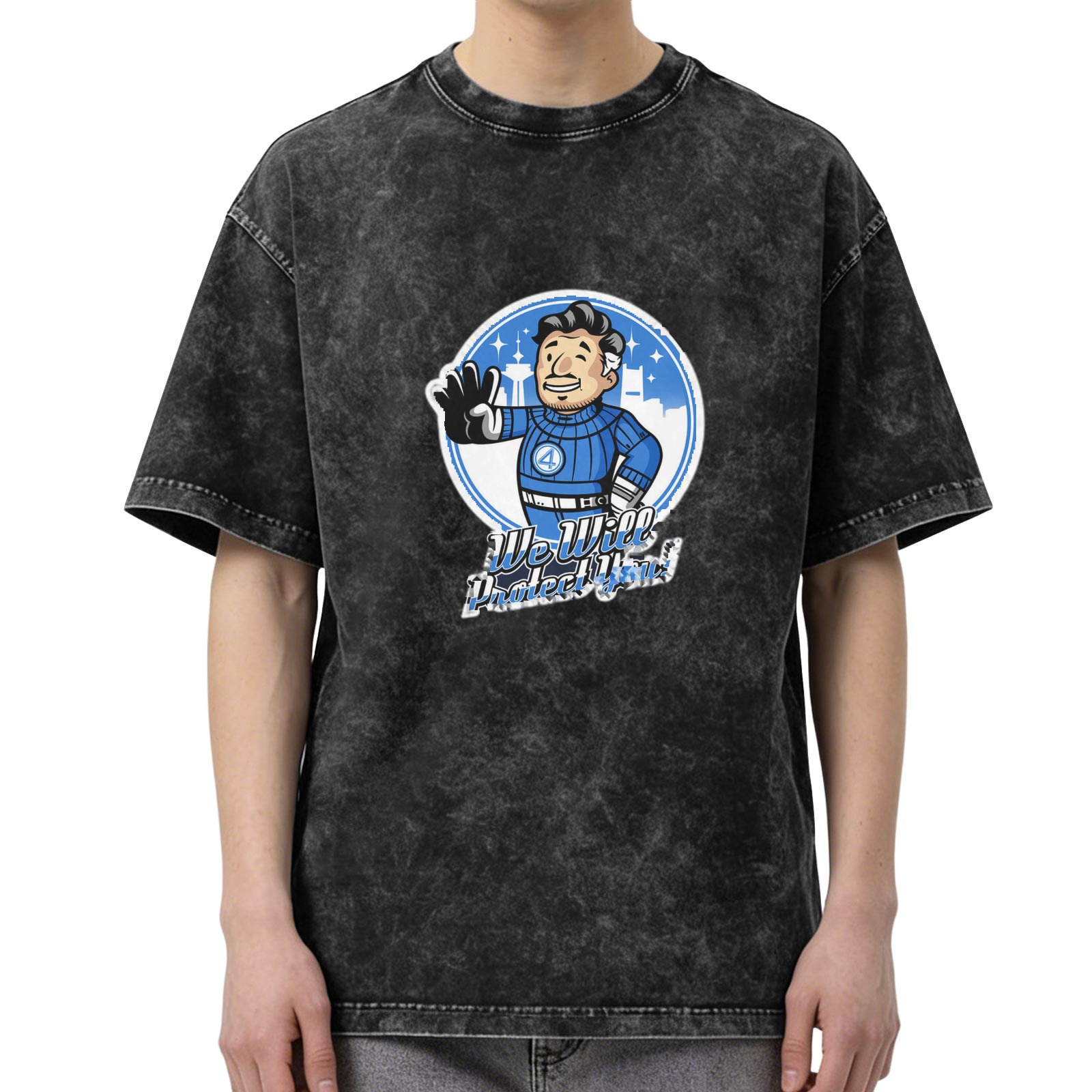 Washed Black T-Shirt with Retro Cartoon Character We Will Protect You Print