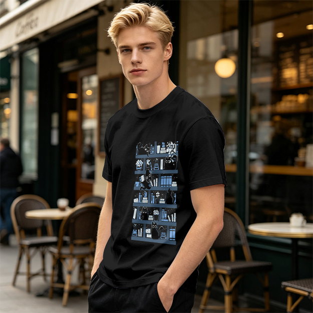 Olive Green T-Shirt With Black Cats On Bookshelves Graphic