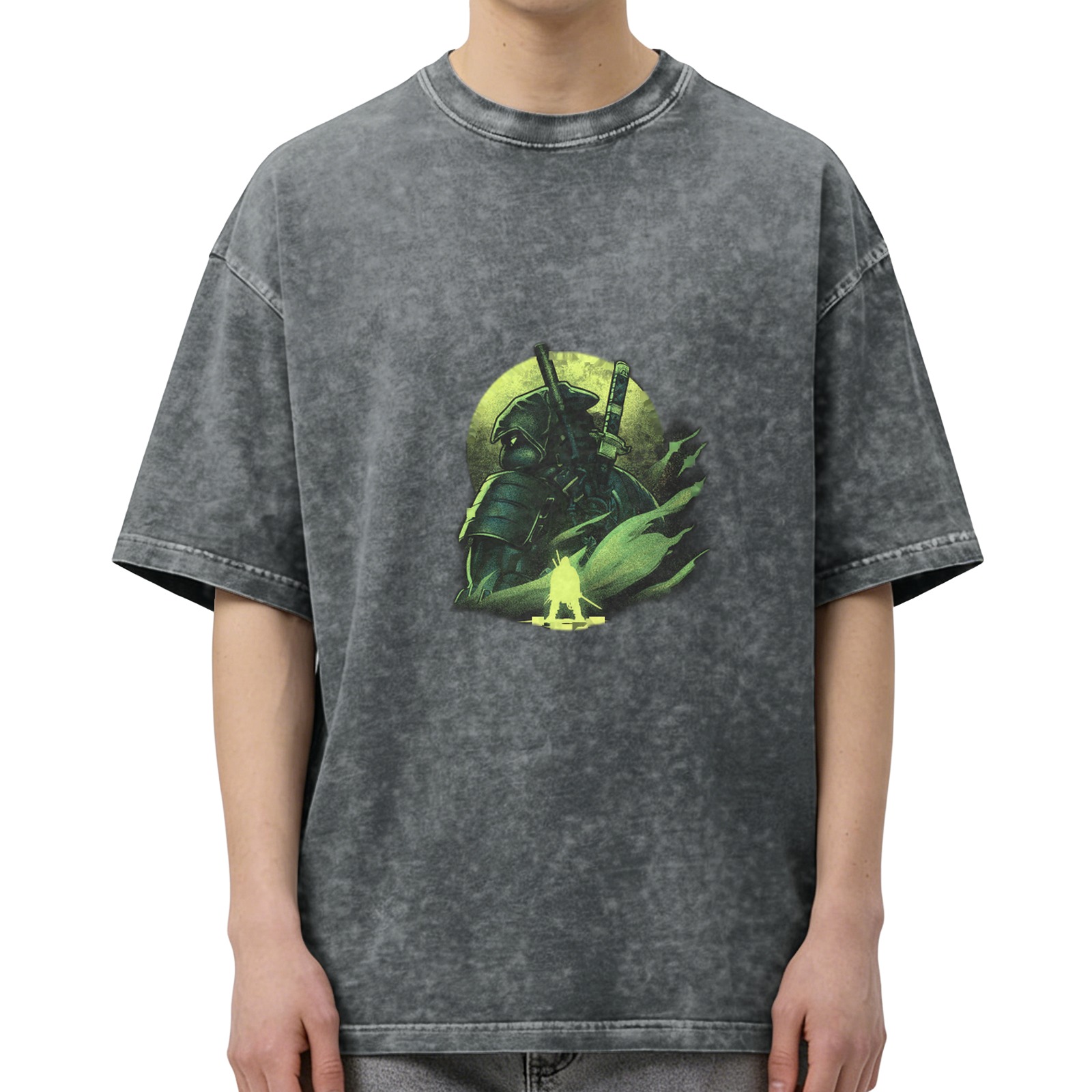 Oversized Acid Wash T-Shirt With Glowing Samurai Print