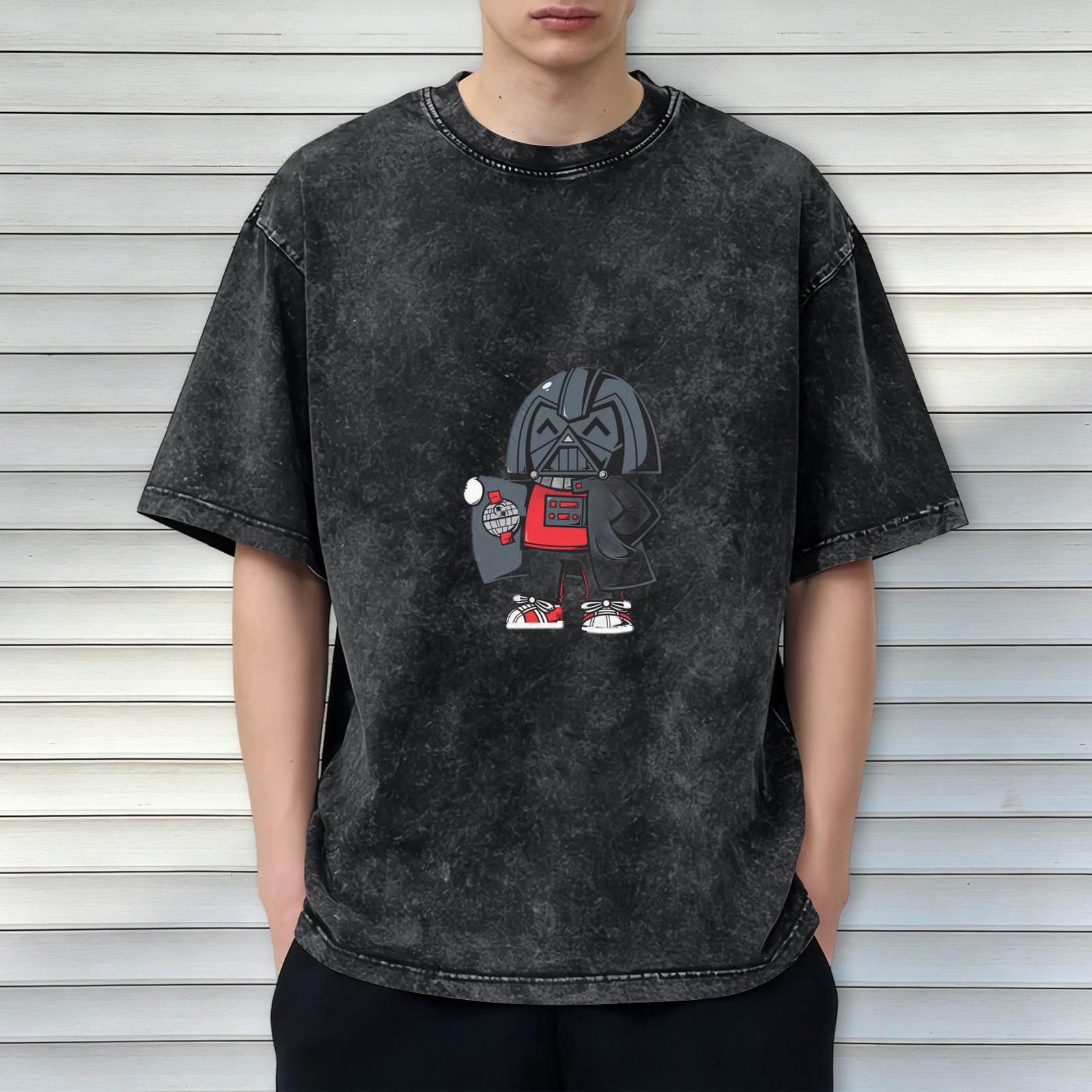 Oversized Dark Wash T-Shirt With Chibi Darth Vader Graphic