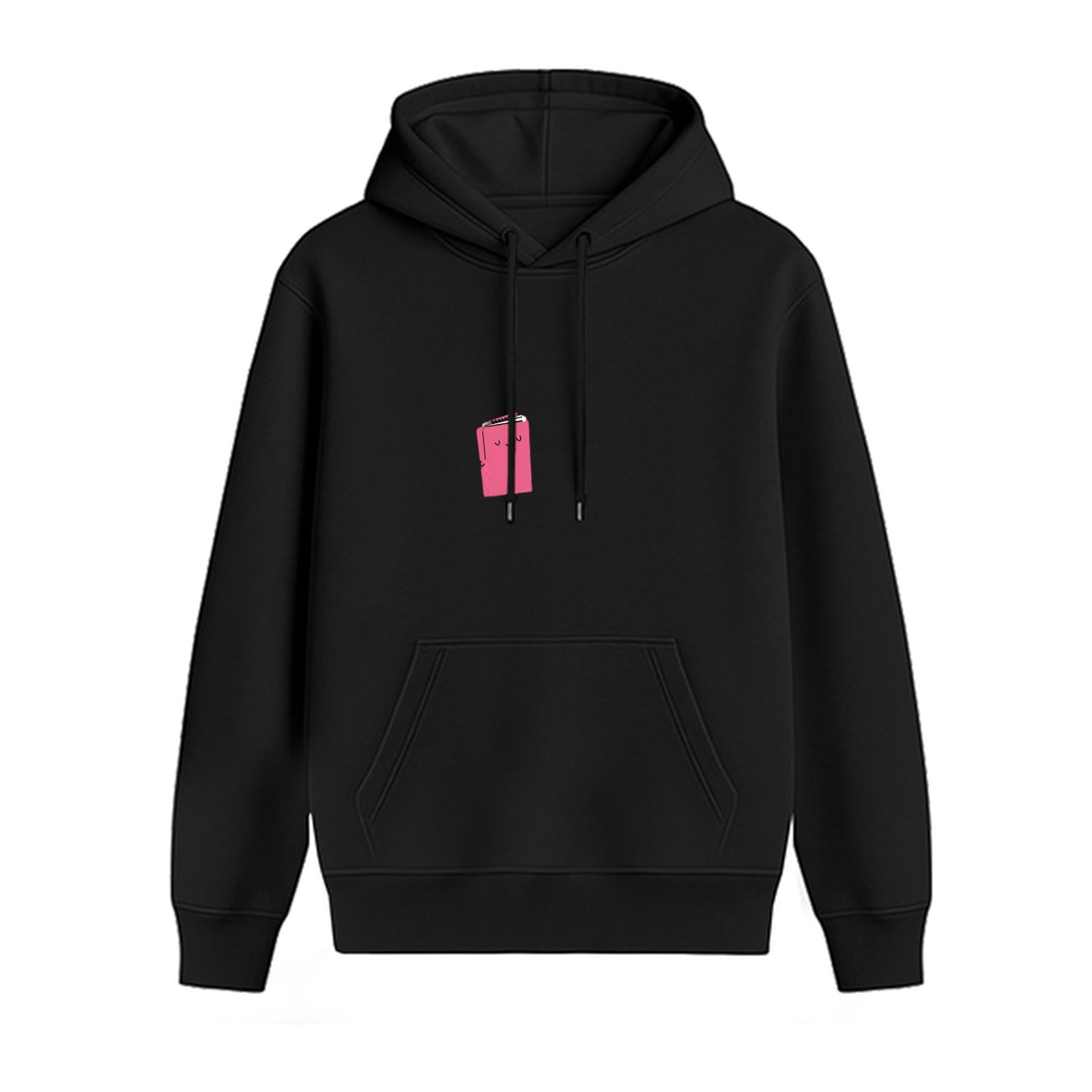 Black hoodie with small pink book graphic print