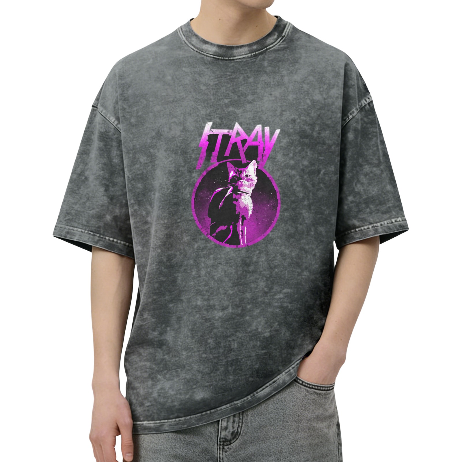 Stray Game Cat Graphic Acid Wash Black T-Shirt