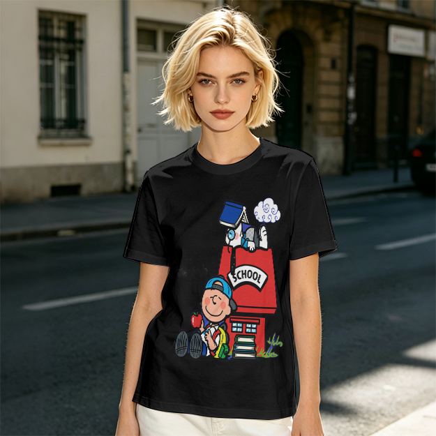 Olive T-shirt with Charlie Brown and Snoopy School Print