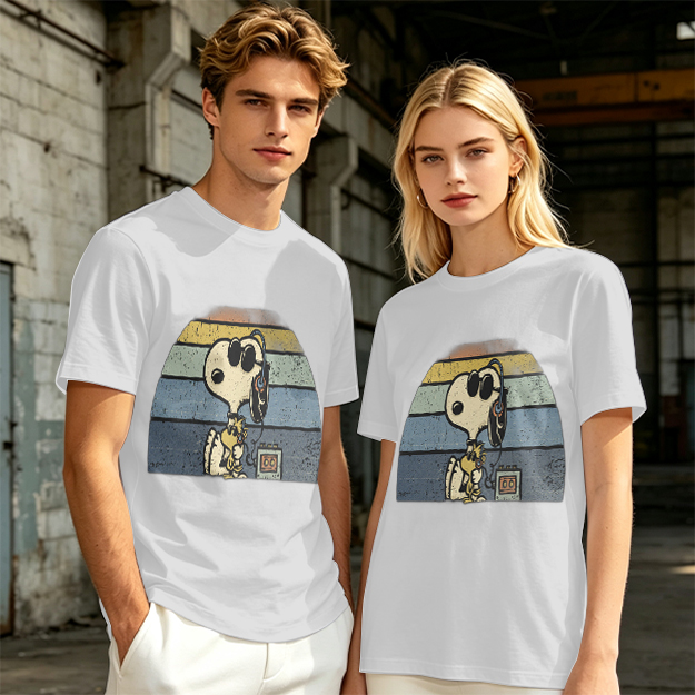 Olive T-shirt with Snoopy and Woodstock Retro Sunset Graphic