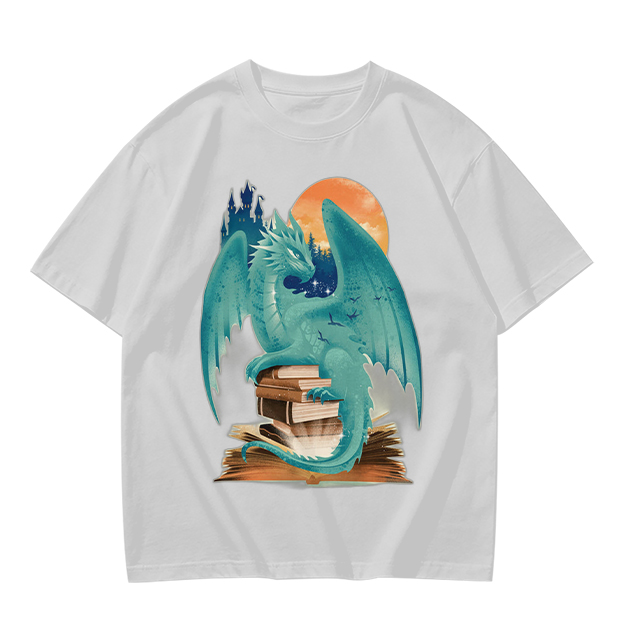 Teal Dragon Perched on Stacked Books Fantasy Graphic T-Shirt
