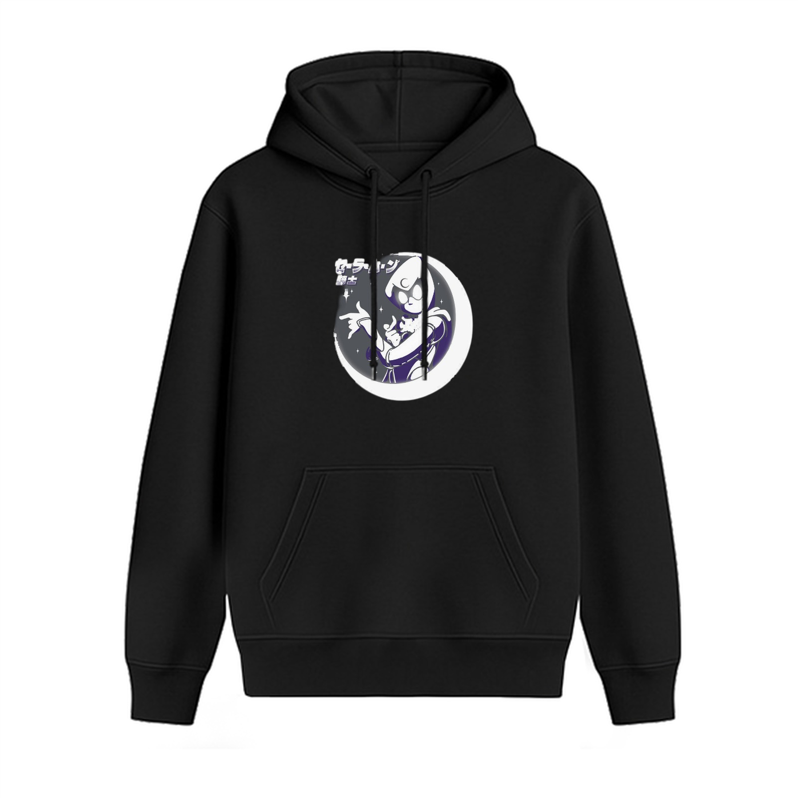 Black hoodie with anime moon character graphic print