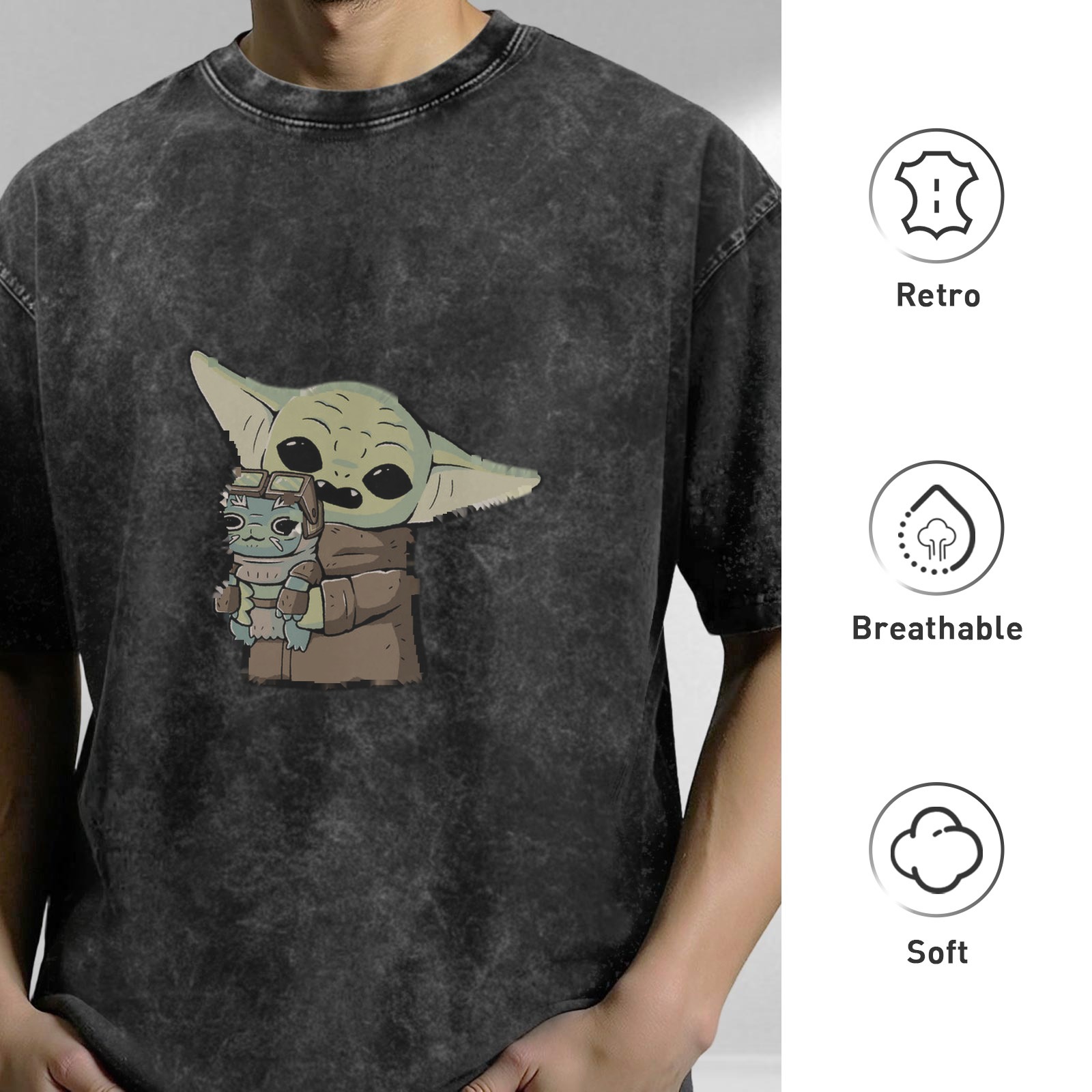 Washed black graphic t-shirt featuring Baby Yoda holding a small alien character