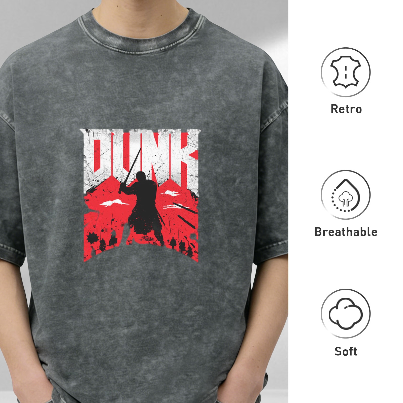 Oversized Dark Wash T-Shirt With Warrior Dunk Graphic Print