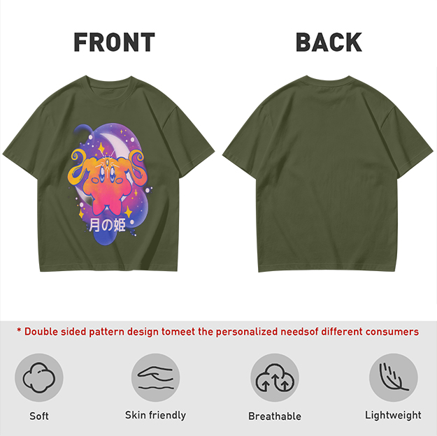 Olive t-shirt with cosmic cat and moon graphic print