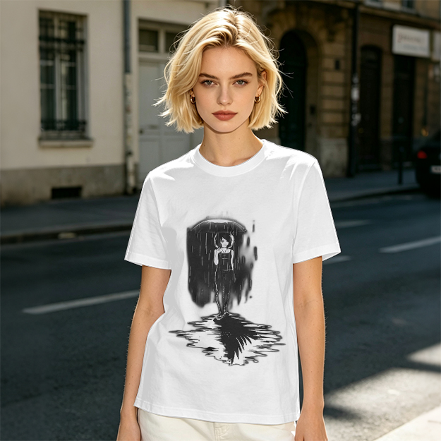 Olive T-Shirt With Rainy Figure And Shadow Graphic Print
