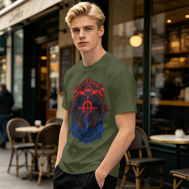 Olive T-Shirt with Fullmetal Alchemist Transmutation Crest Print