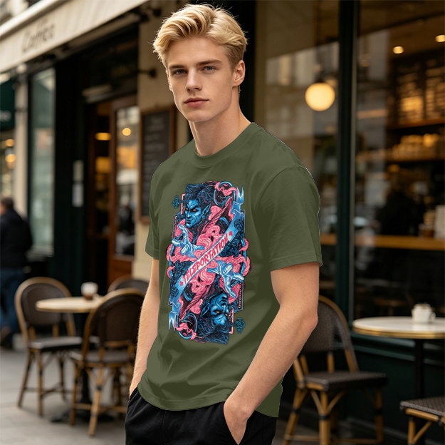 Olive Graphic Tee With Teleportation Demon Artwork