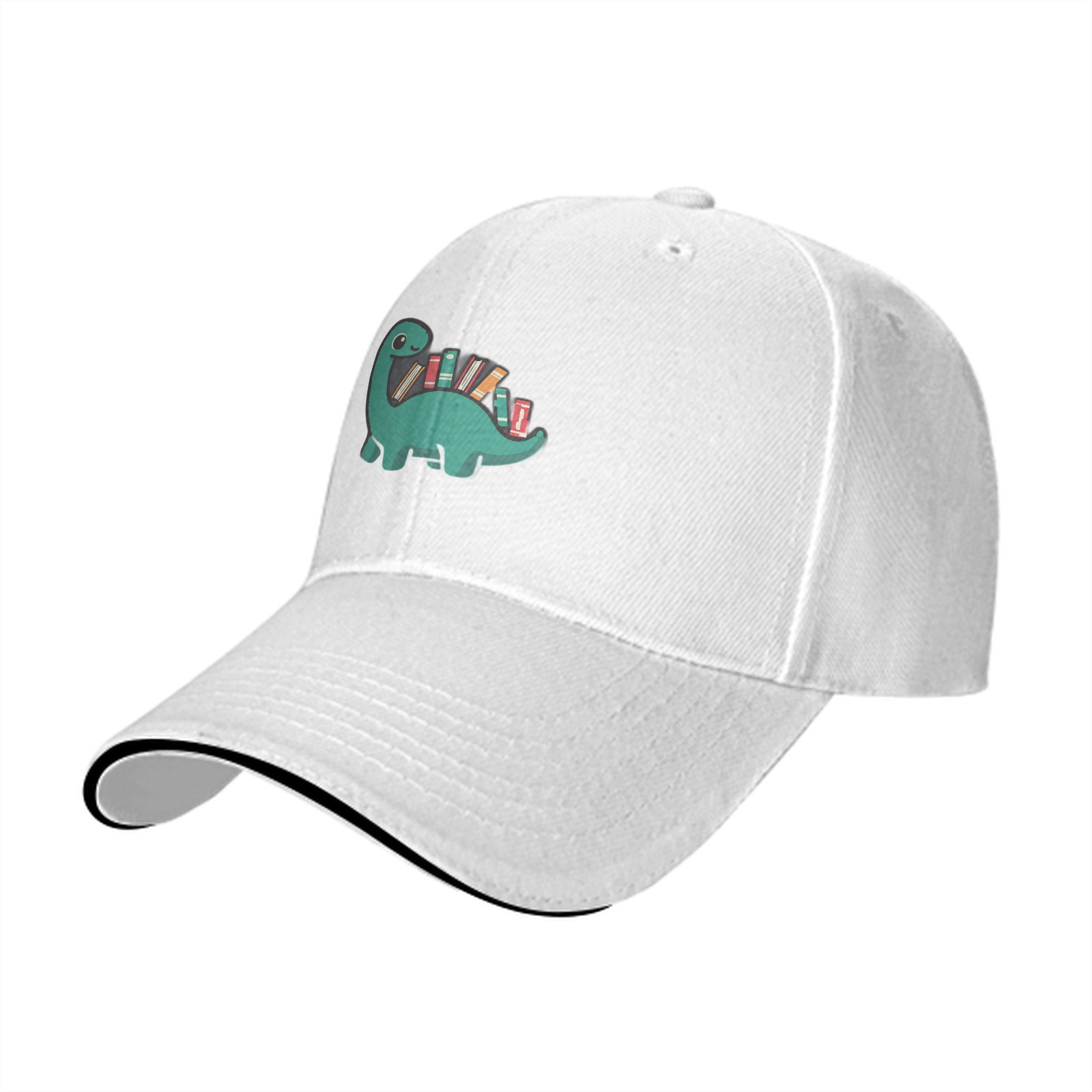 Black baseball cap with cute dinosaur carrying books graphic