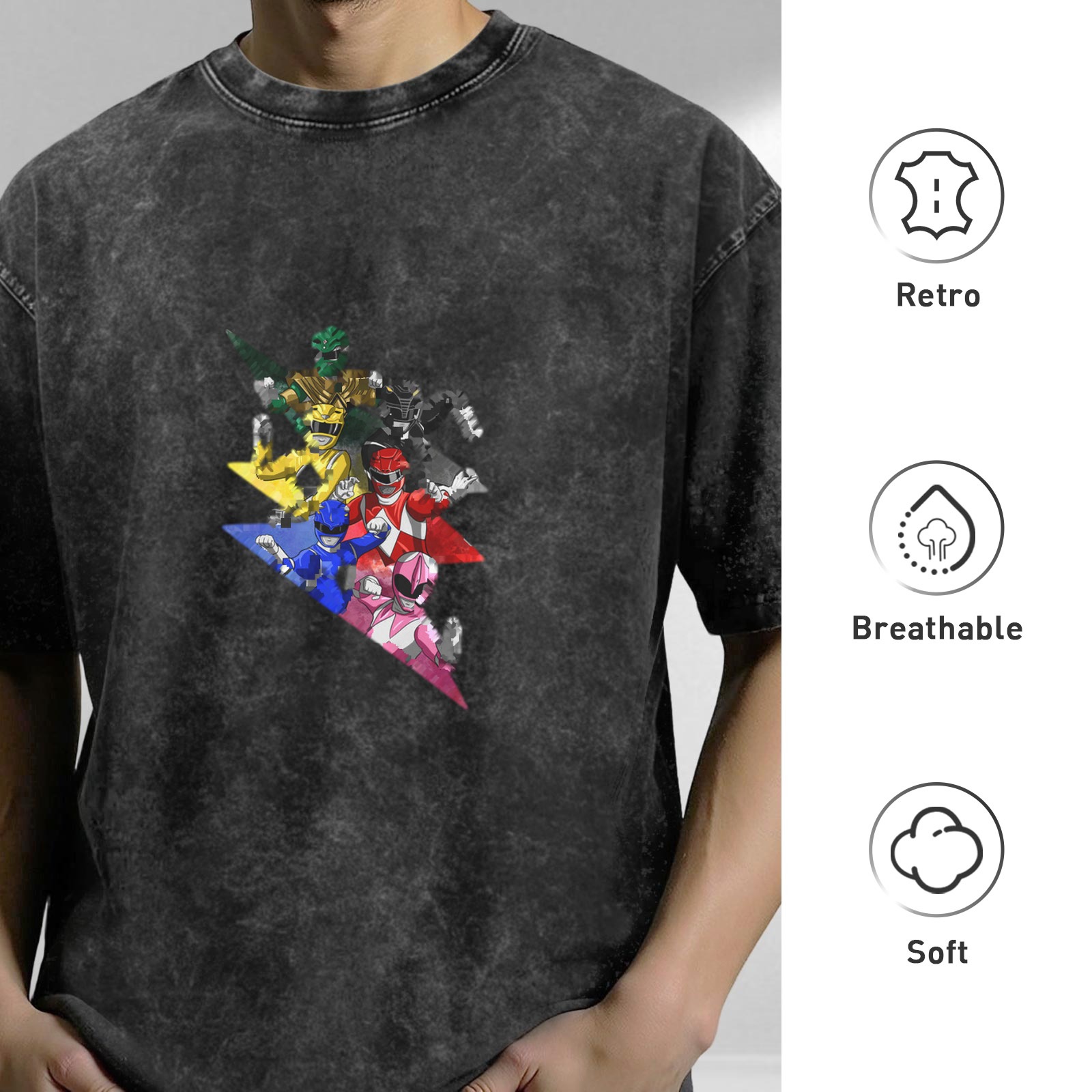 Power Rangers Graphic Dark Wash Oversized T-Shirt