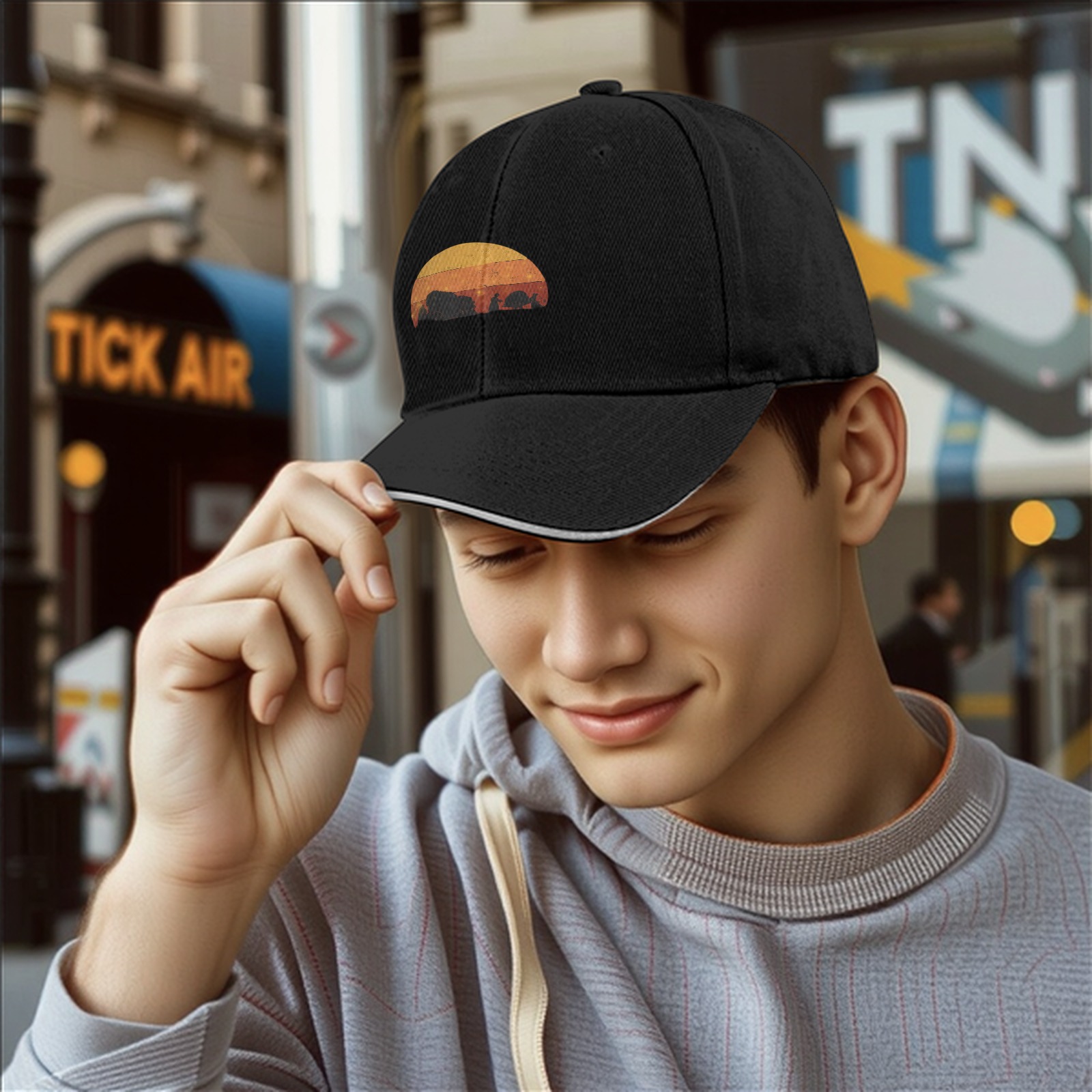 Black Baseball Cap With Retro Desert Sunset Silhouette Graphic
