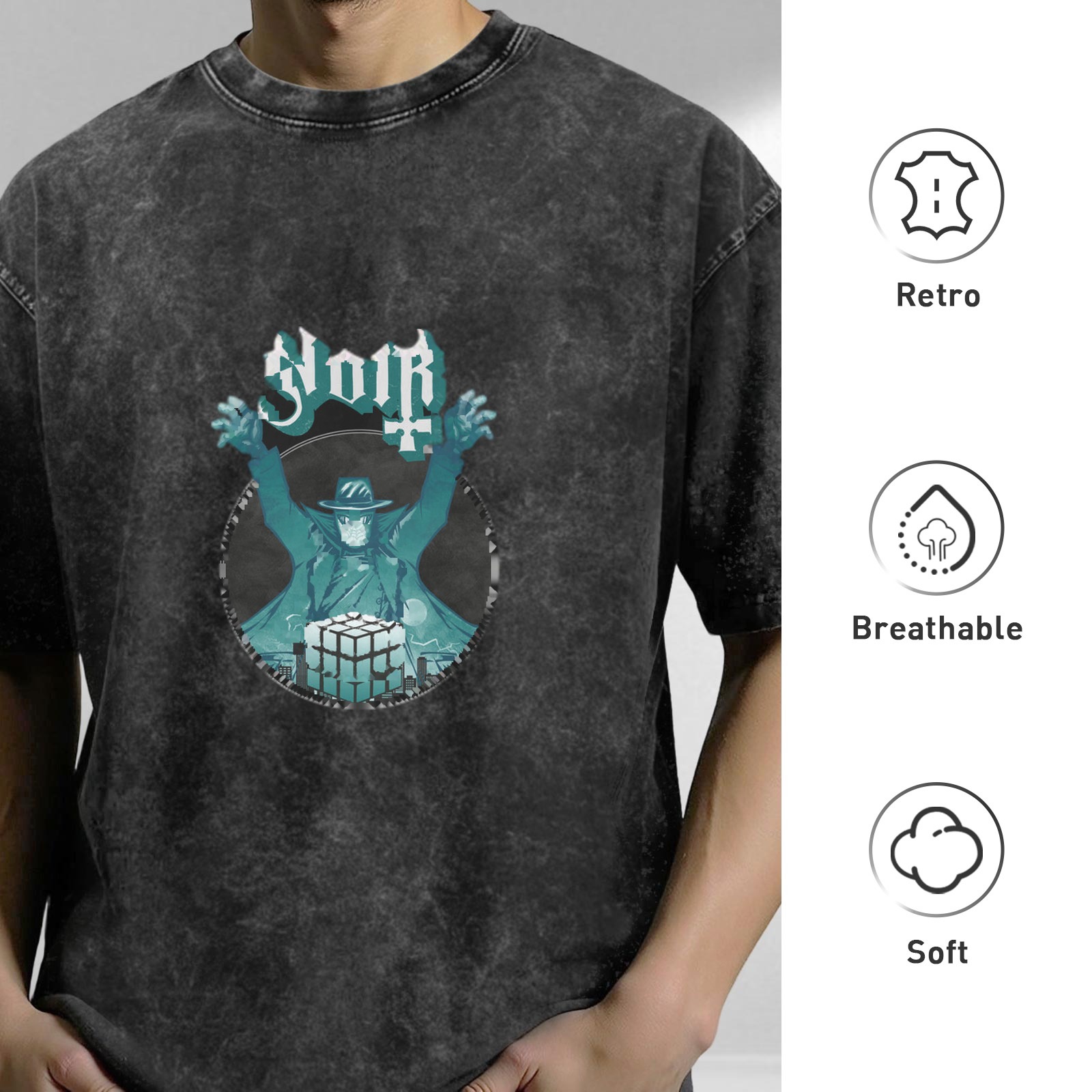 Washed black graphic t-shirt with noir villain and cube design