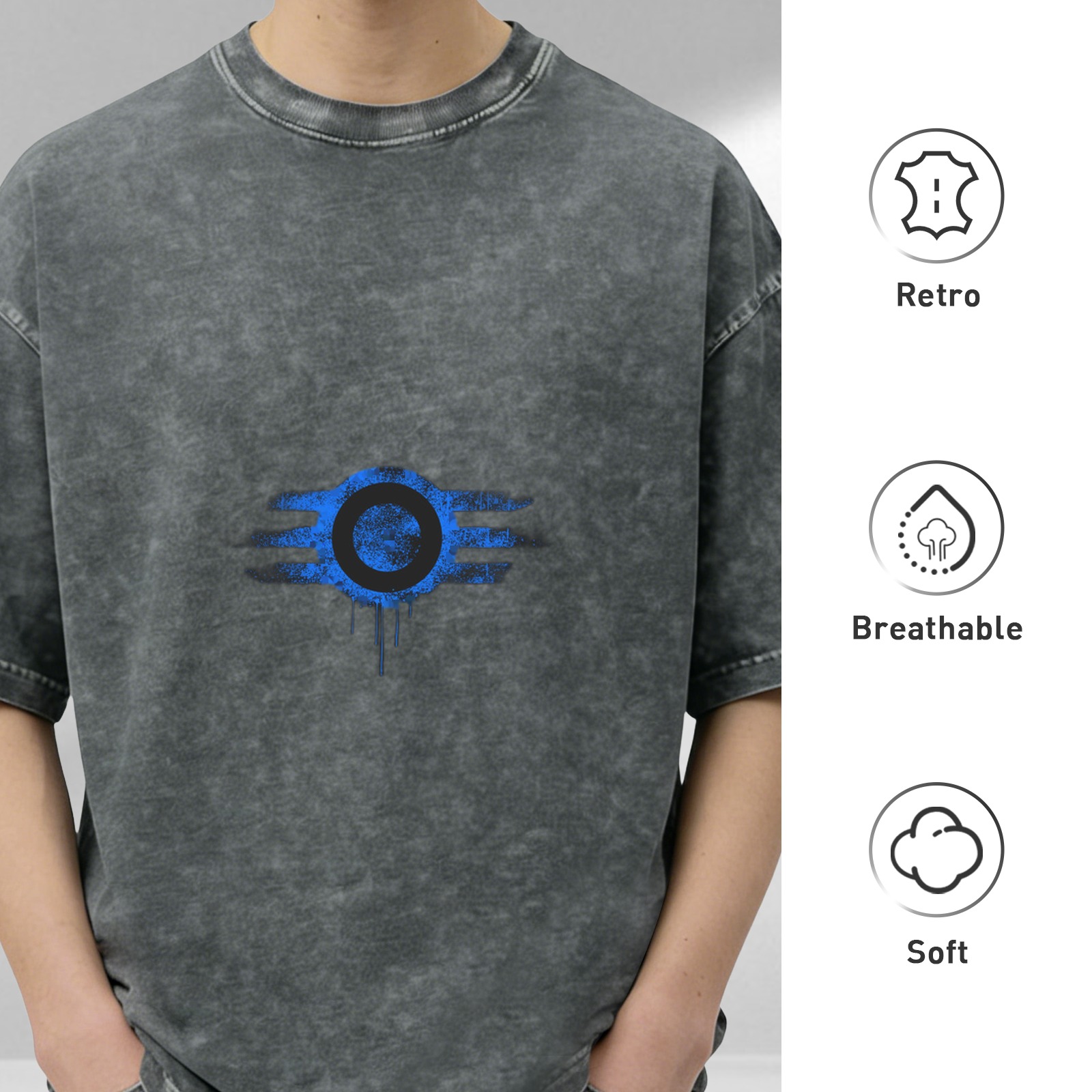 Washed Black Oversized T-Shirt With Blue Distressed Eye Graphic