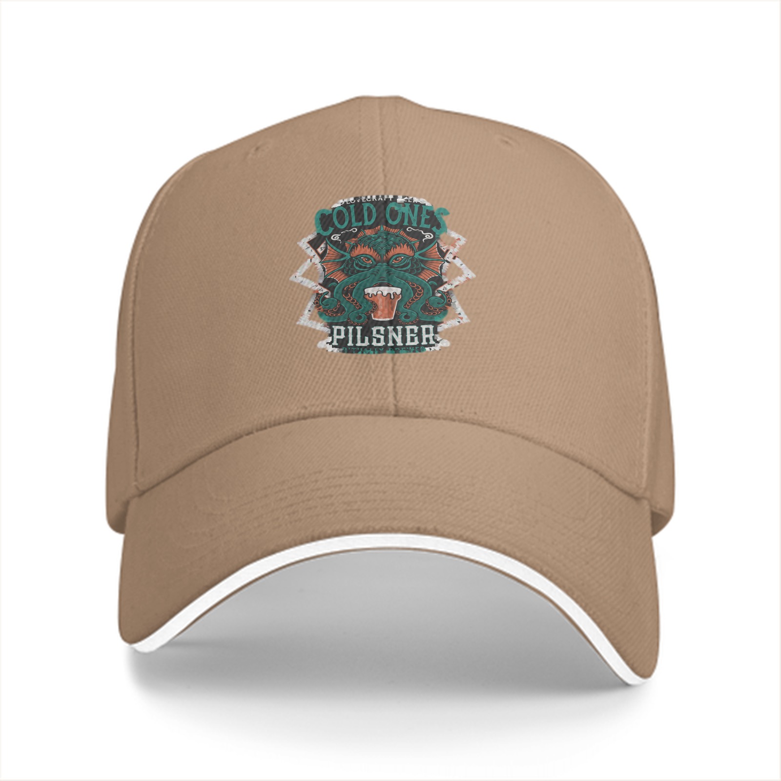 Black baseball cap with Cold Ones Pilsner Cthulhu graphic