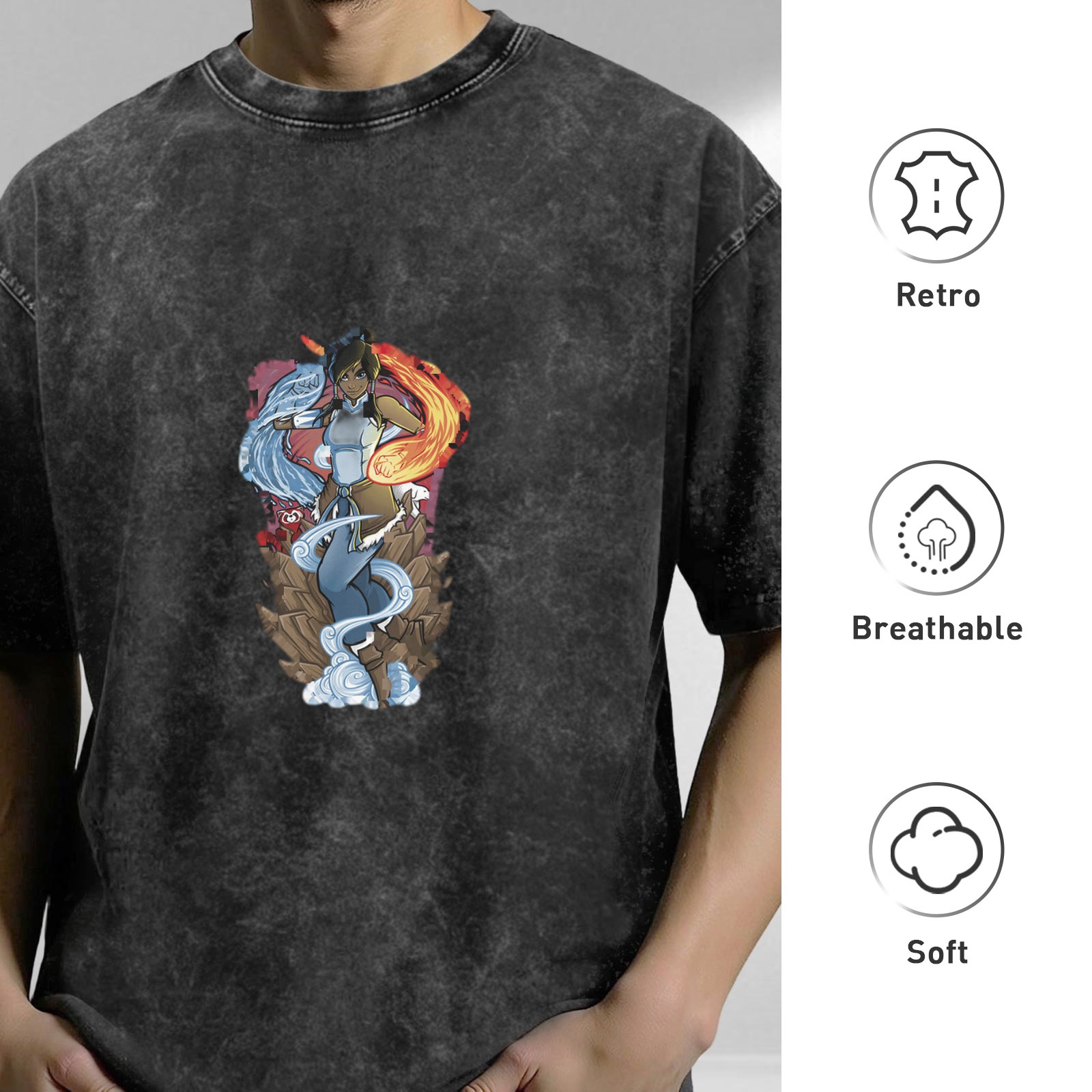 Avatar Korra Graphic Stonewashed Black Oversized T-Shirt