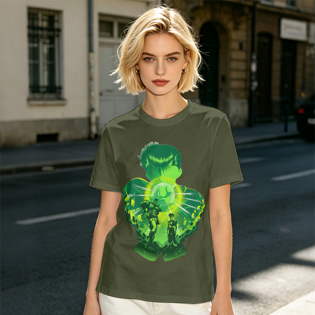Anime Character Silhouette Glowing Green Graphic T-Shirt