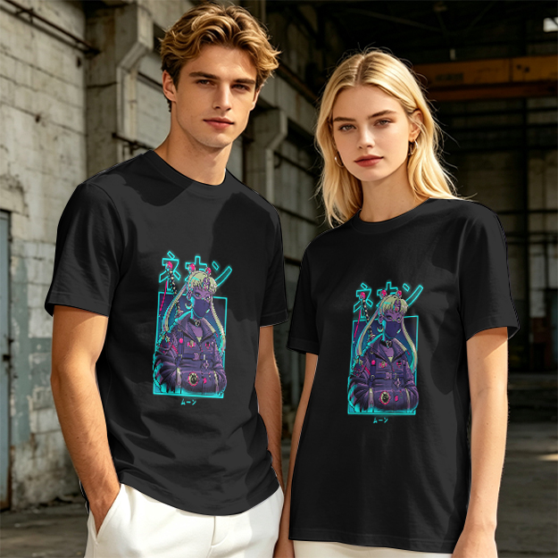 Olive T-shirt with cyberpunk anime character graphic