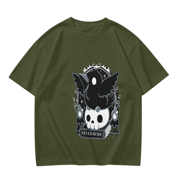 Olive Graphic T-Shirt With Raven Skull Nevermore Print
