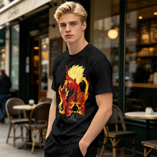 Oni Demon Flame Graphic Olive Green Casual T-Shirt