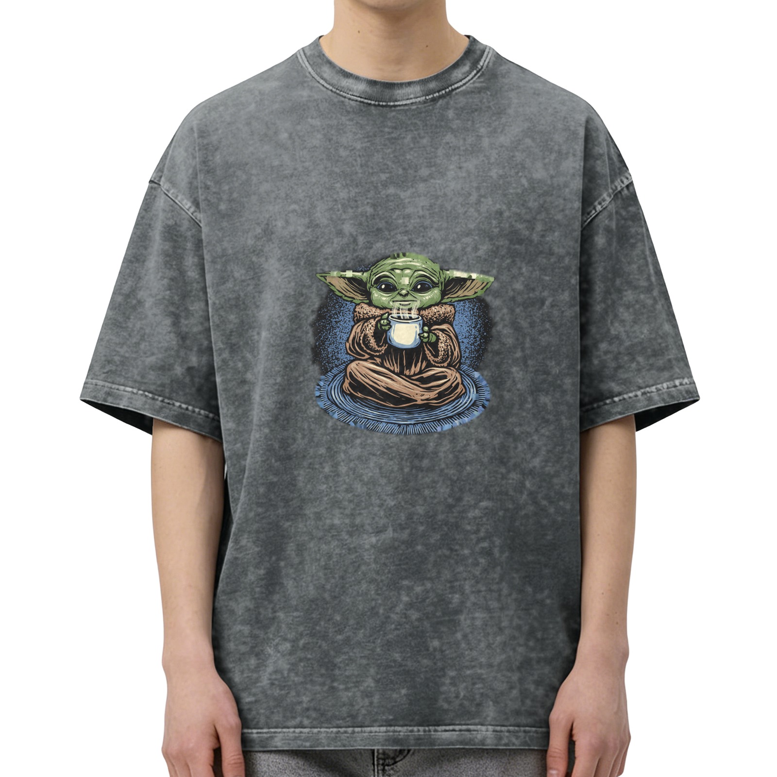 Washed black graphic t-shirt with Baby Yoda holding a cup design