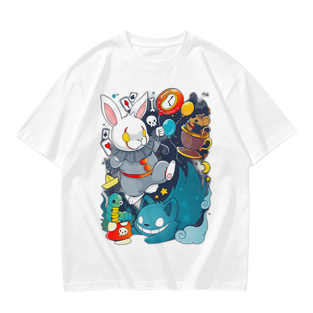 Alice in Wonderland Themed Graphic T-Shirt with Whimsical Characters