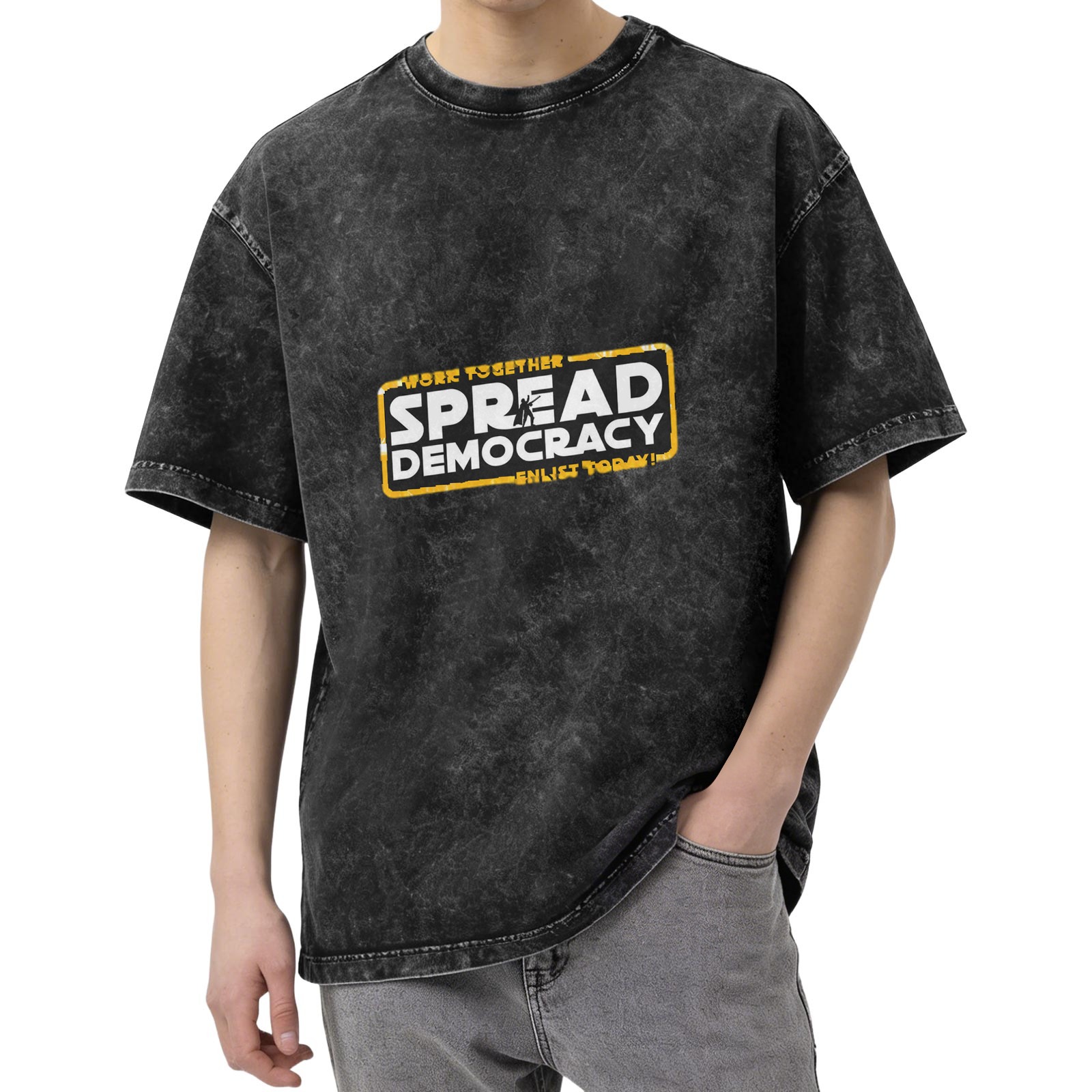 Oversized Acid Wash Graphic T-Shirt with 'Spread Democracy' Star Wars Parody Print