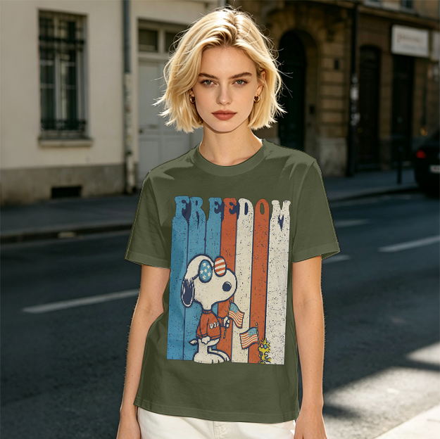 Olive Snoopy Freedom Patriotic Graphic T-Shirt