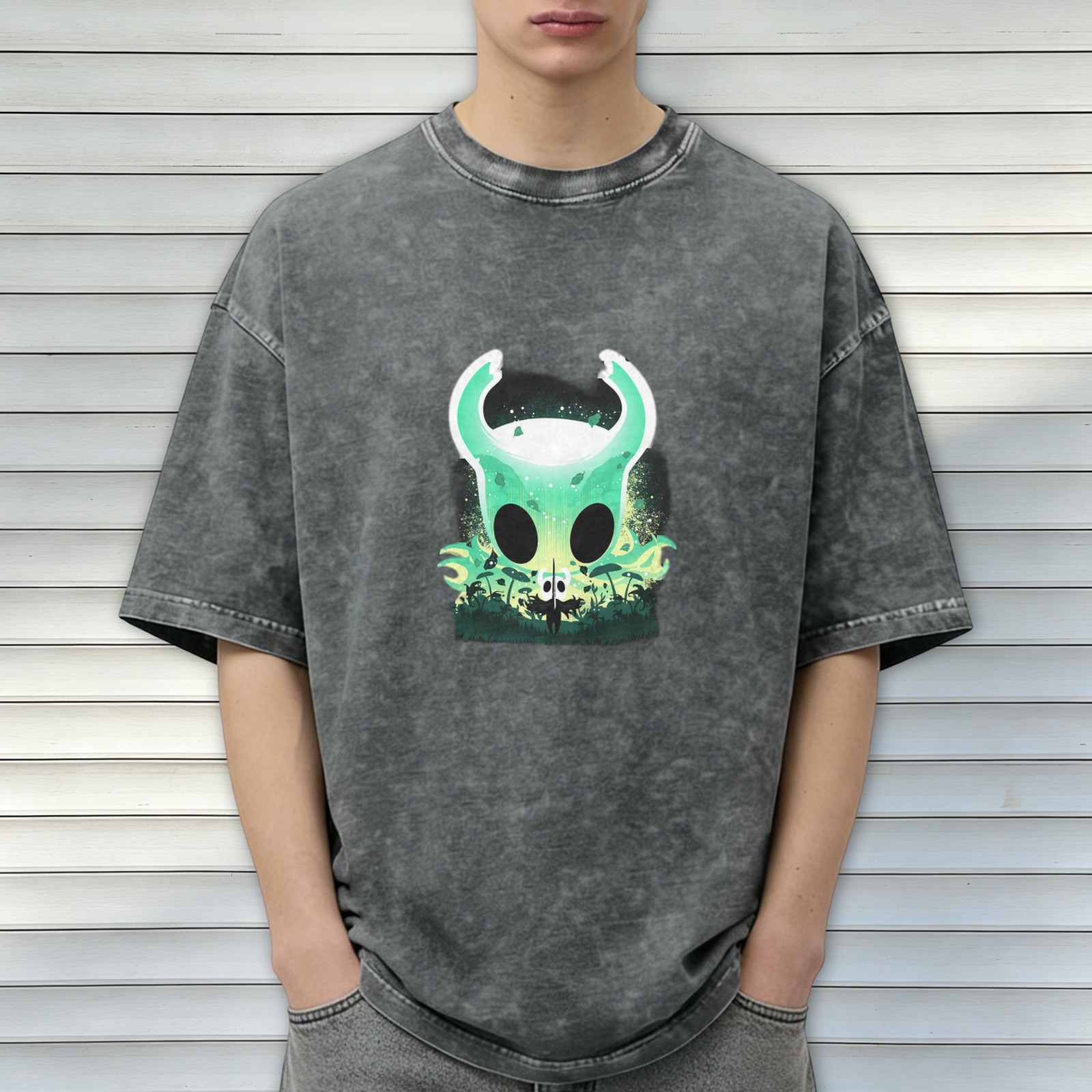 Oversized Dark Wash T-Shirt With Glowing Green Horned Skull Art