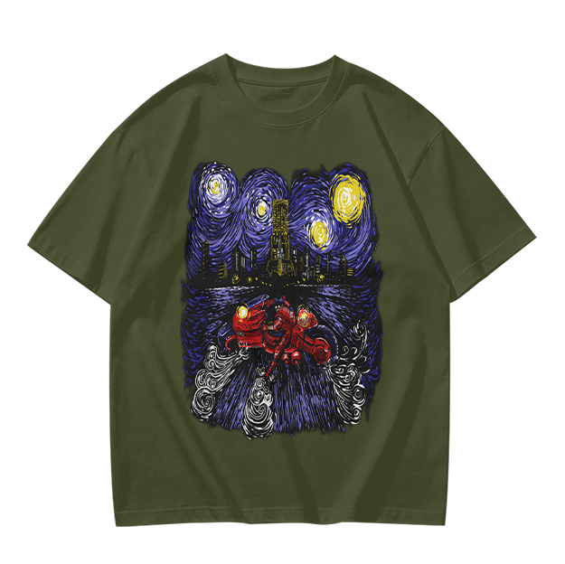 Olive T-Shirt with Starry Night Superhero Cityscape Art Print