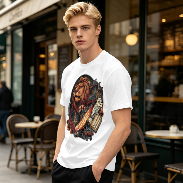 Olive T-Shirt With Lion Courage Themed Fantasy Art Print