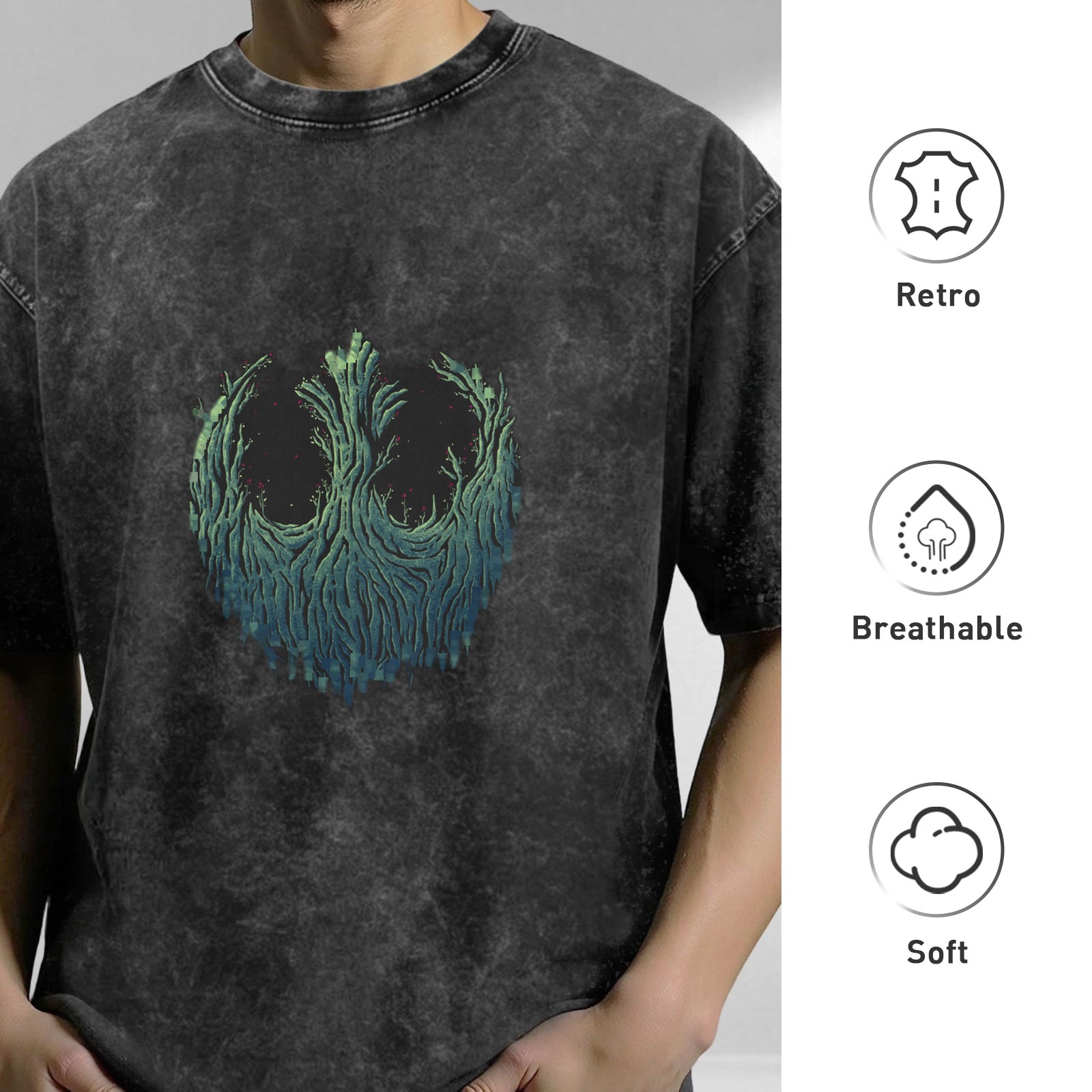 Oversized Acid Wash T-Shirt With Tree Face Graphic Print