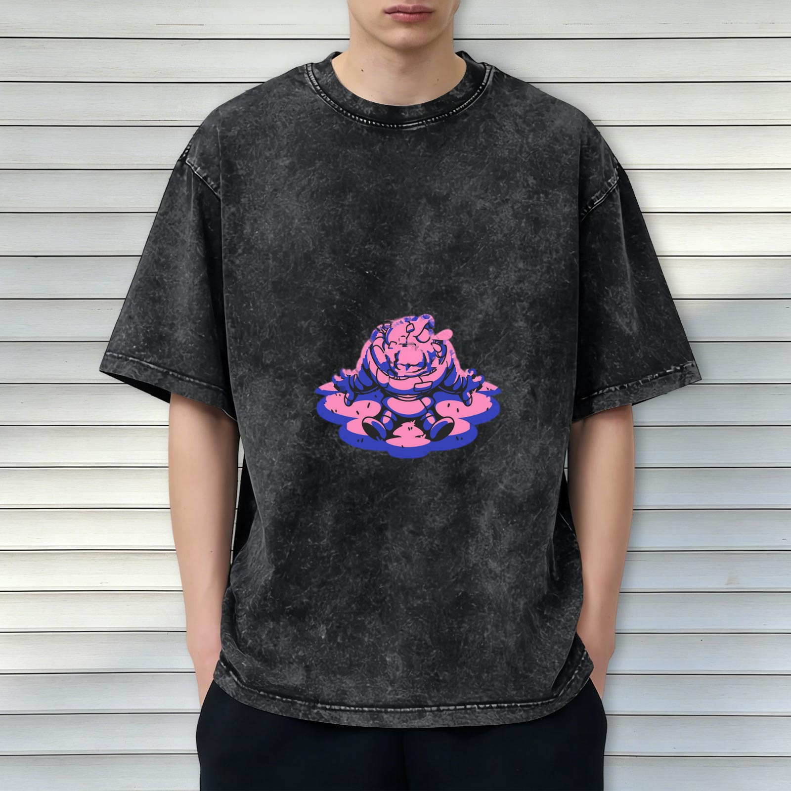 Oversized Acid Wash T-Shirt With Meditating Cartoon Character Print