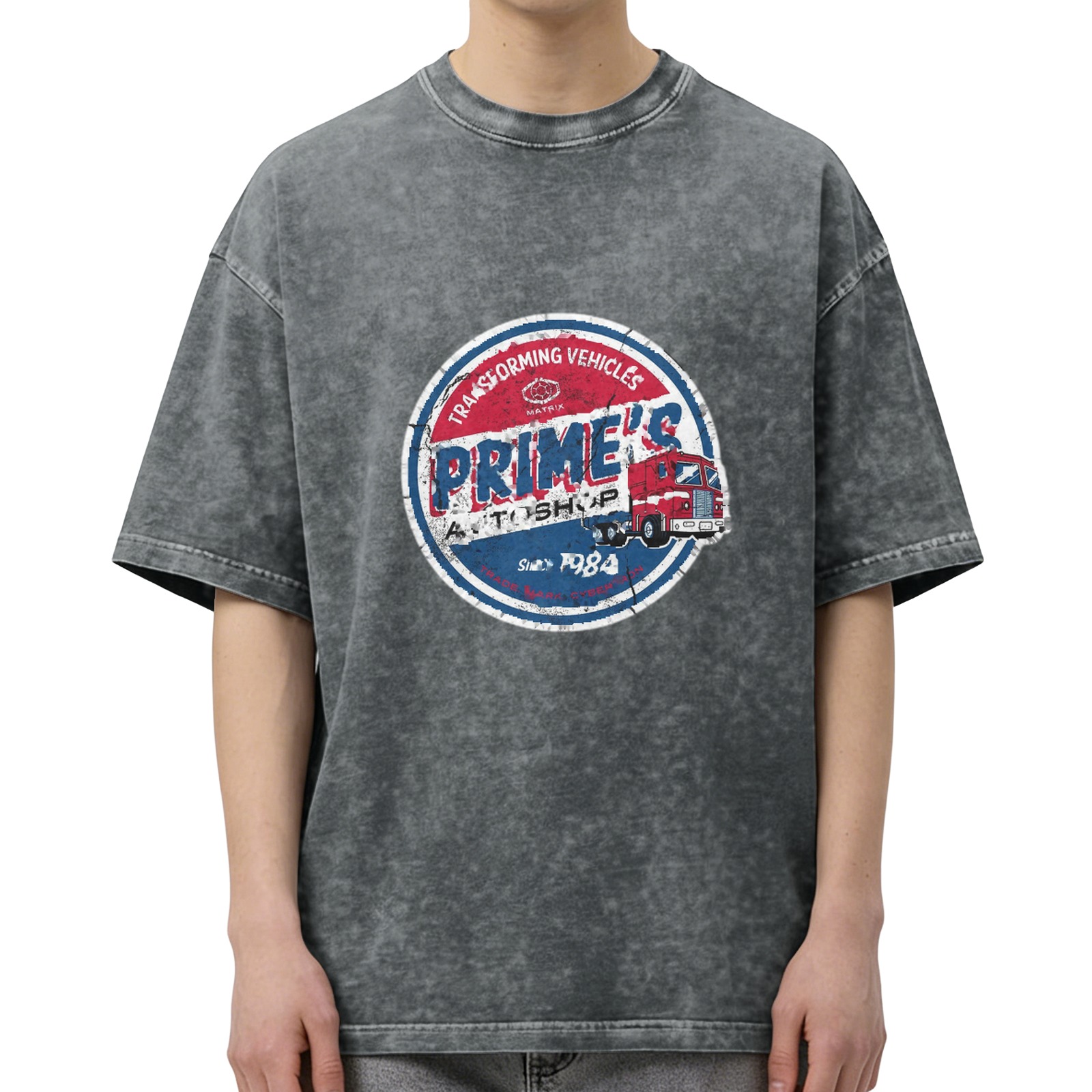 Oversized Vintage Wash T-Shirt with 'Prime's Auto Shop Transforming Vehicles' Graphic Print
