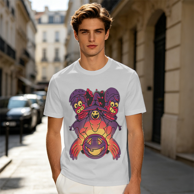 Olive T-Shirt With Halloween Three-Headed Witch And Jack-O'-Lantern Print