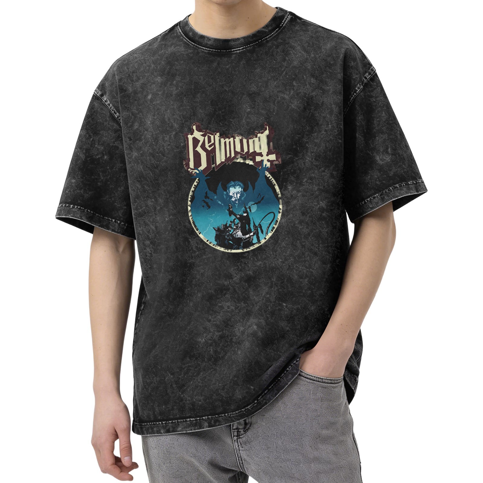 Oversized Dark Wash Graphic T-Shirt with Belmont Vampire Art