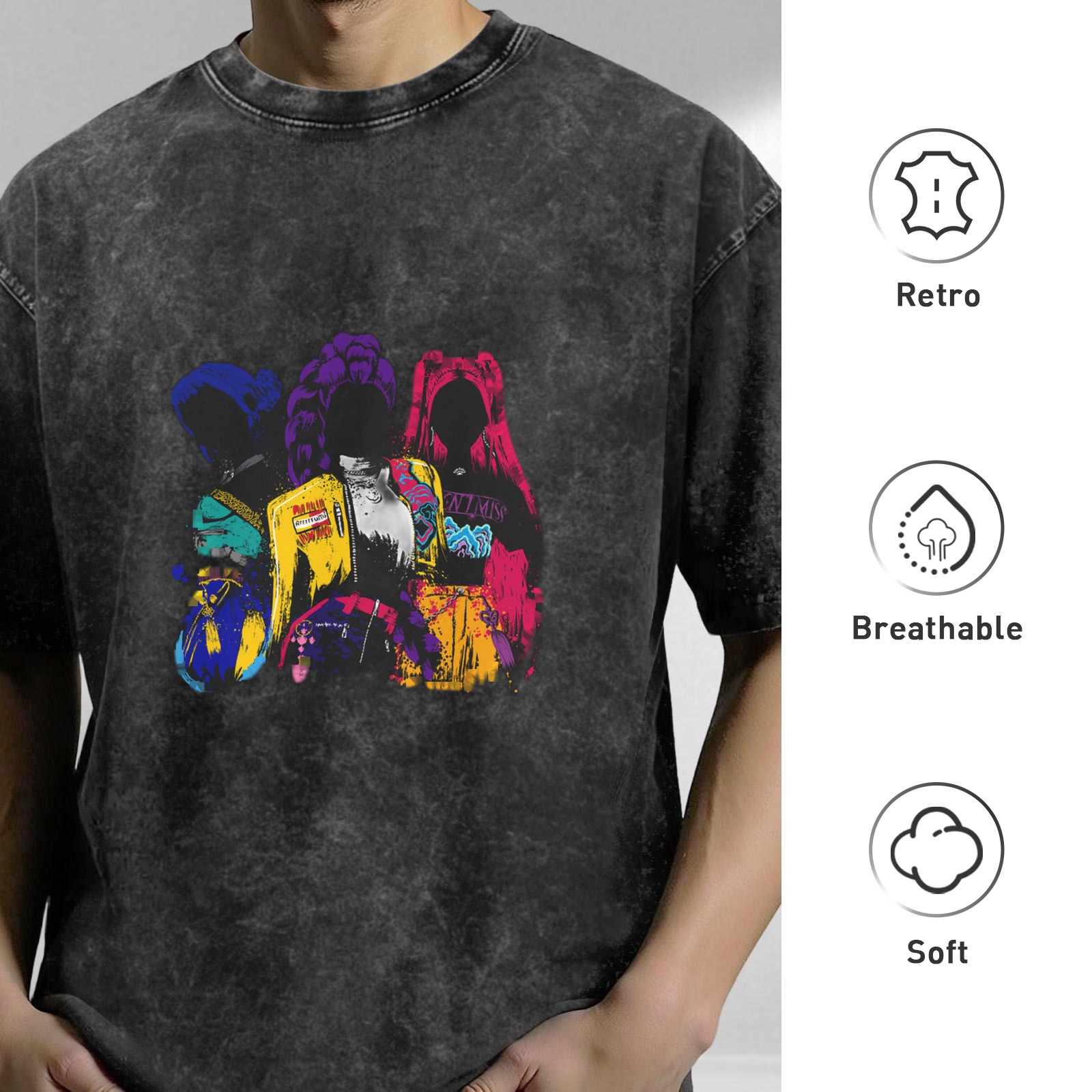 Washed Black Oversized T-Shirt with Colorful Graphic Figures