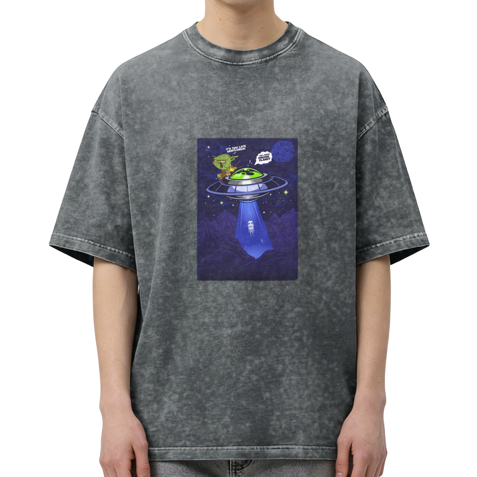Oversized acid wash t-shirt with alien UFO abduction graphic