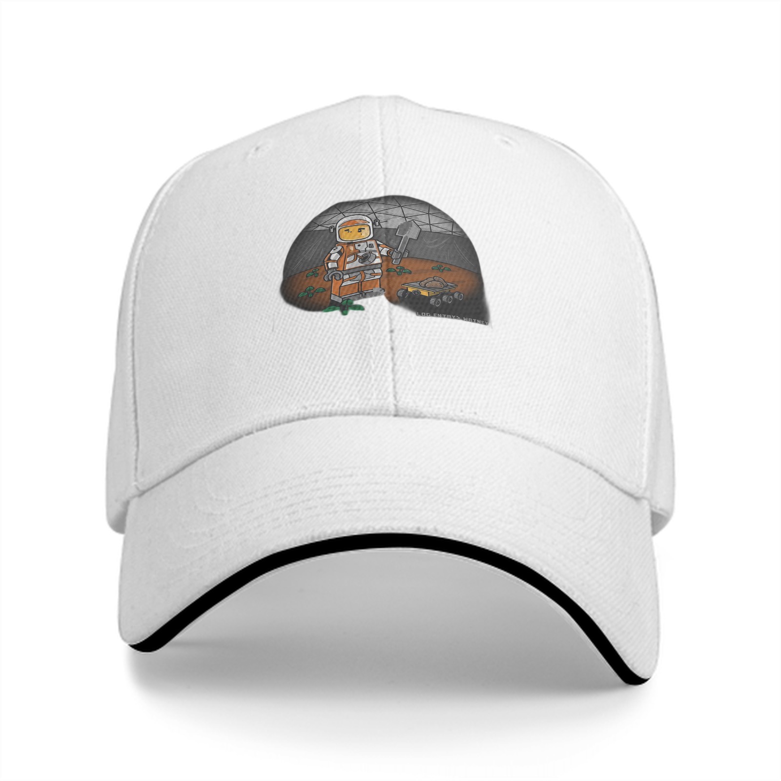 Black baseball cap with space astronaut minifigure graphic