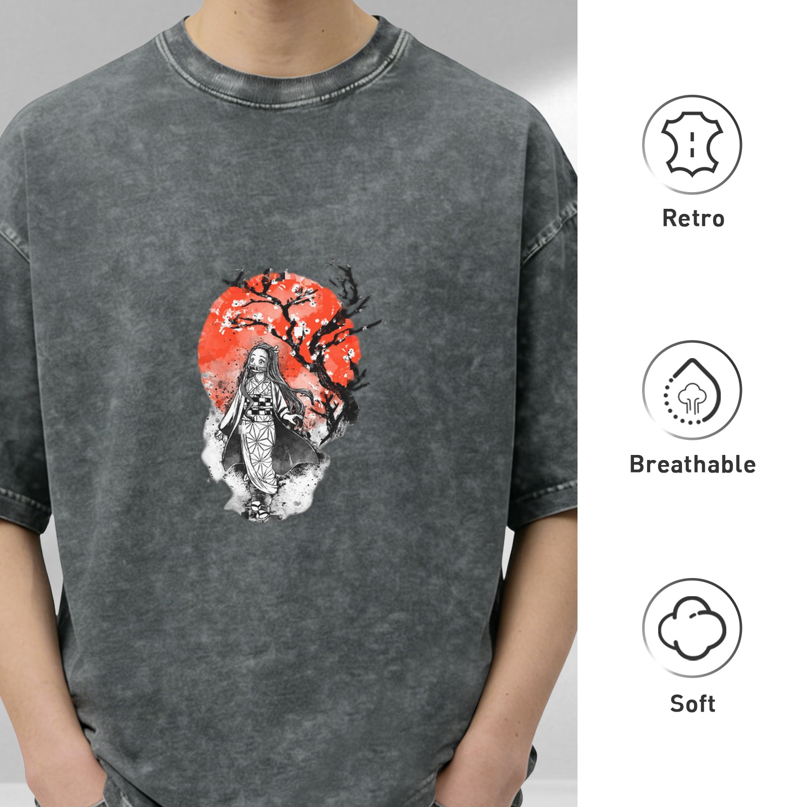 Oversized Vintage Wash Anime Graphic T-Shirt featuring Nezuko Kamado with Red Sun and Cherry Blossom Tree Design