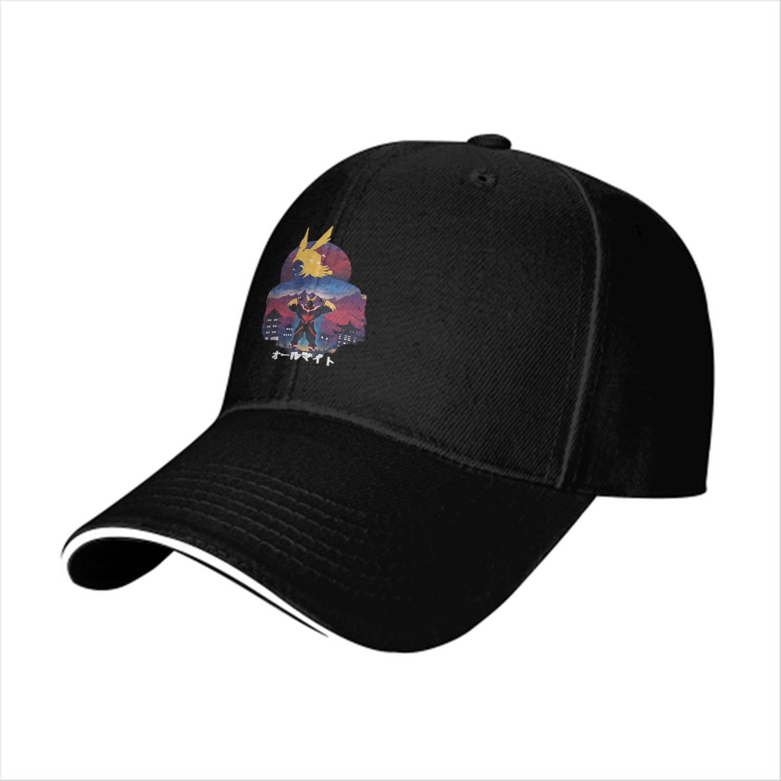 Black baseball cap with anime hero graphic print