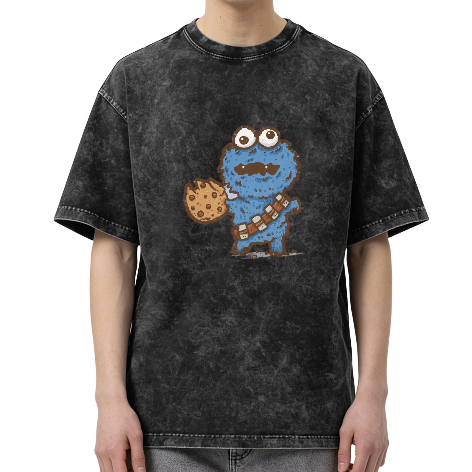 Washed Black T-Shirt with Cookie Monster Holding a Cookie Graphic