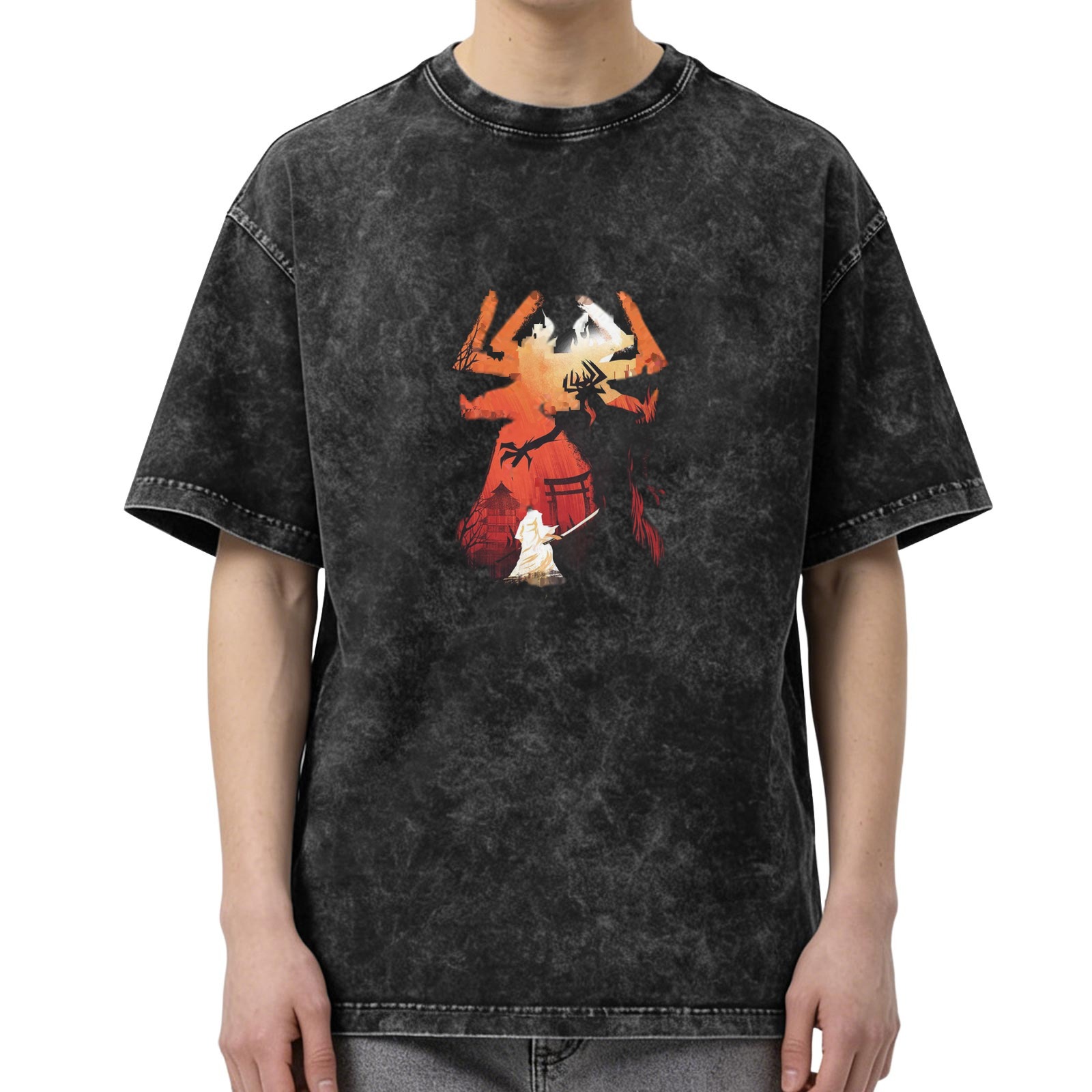 Distressed washed Darth Vader themed printed short-sleeved T-shirt