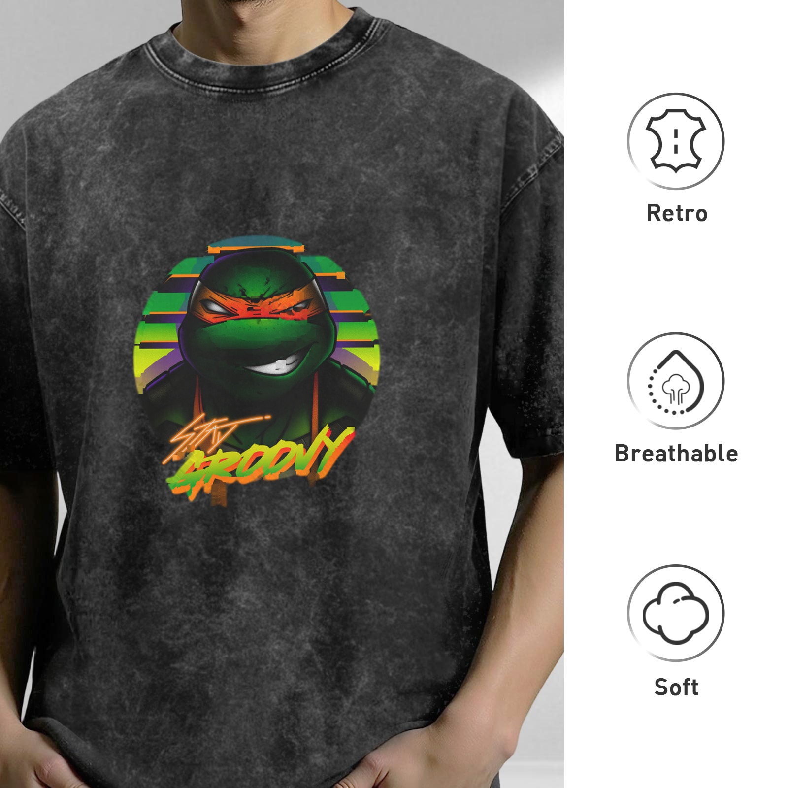 Oversized Dark Wash T-Shirt with Retro Teenage Mutant Ninja Turtle Graphic