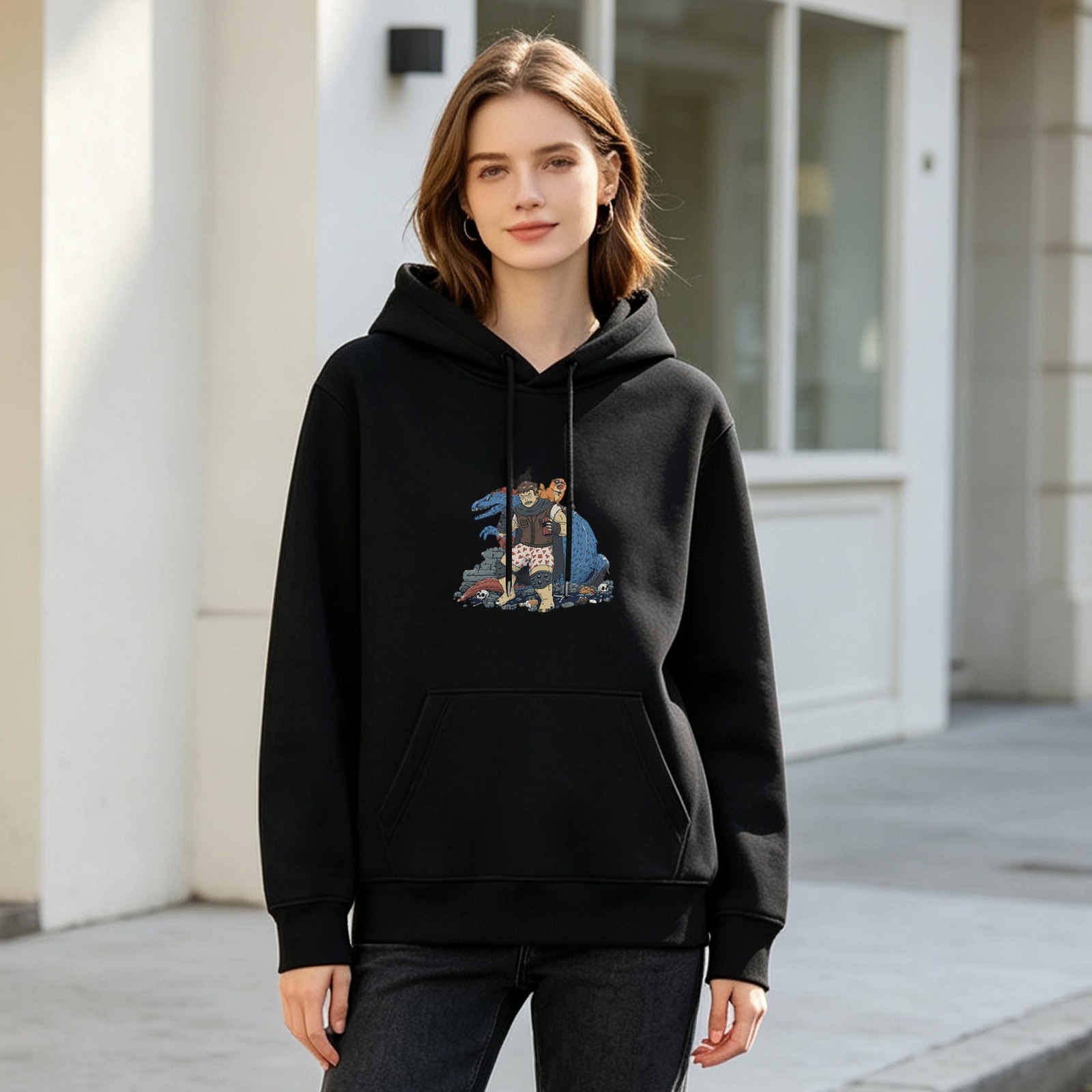 Black Hoodie With Quirky Dinosaur And Character Graphic Print
