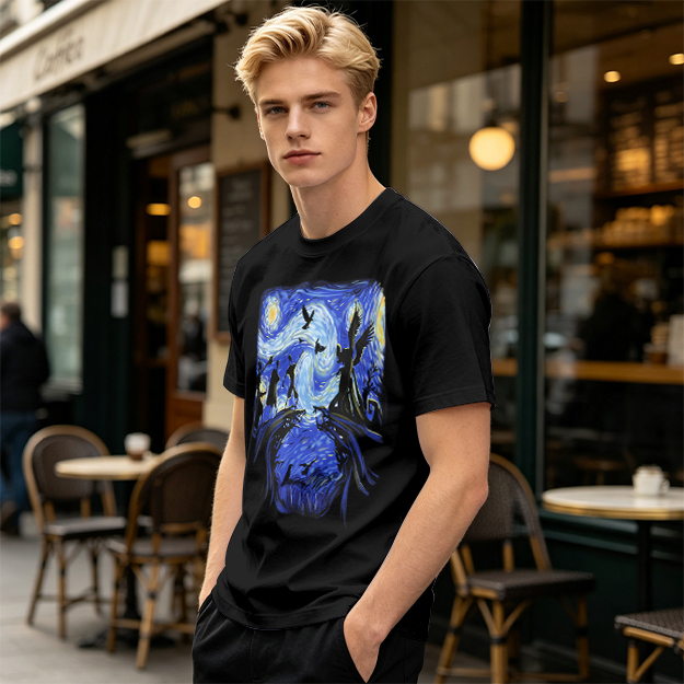 Olive T-Shirt with Starry Night Style Fantasy Art Print