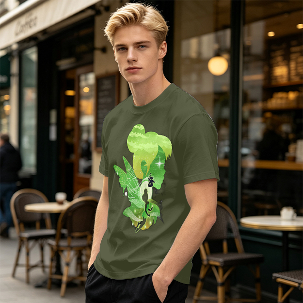 Olive T-shirt with fairy silhouette graphic design